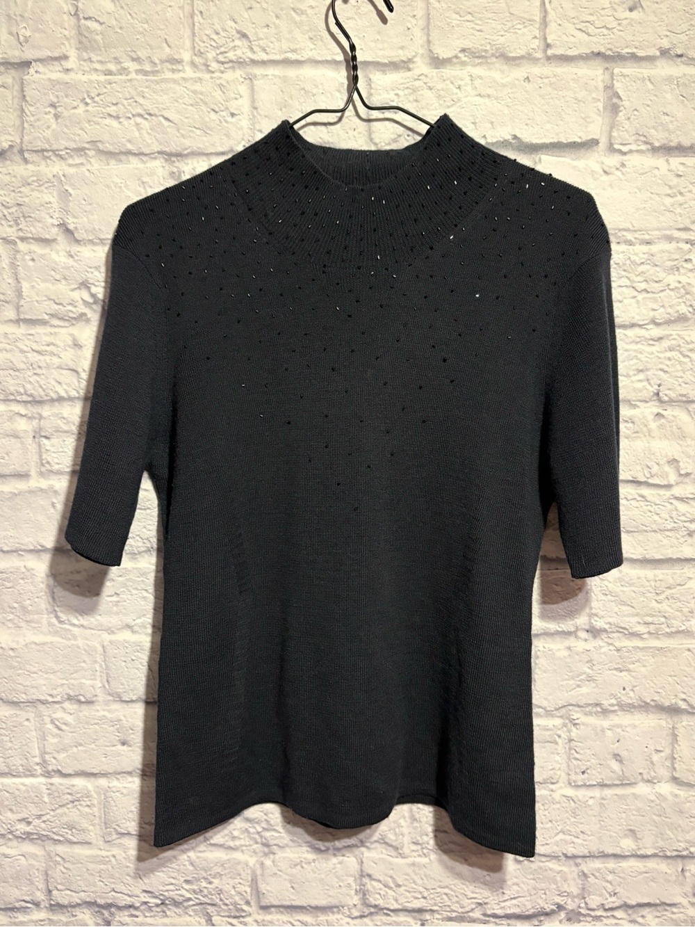 Vintage Virani Short-Sleeve Mock Neck Wool Knit Top Embellishment Large
